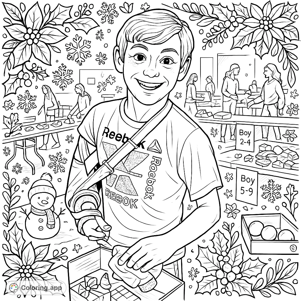 A cheerful boy with an arm cast at a bustling event, ready for a fun coloring challenge. Features detailed clothing, background activities, and decorative elements.