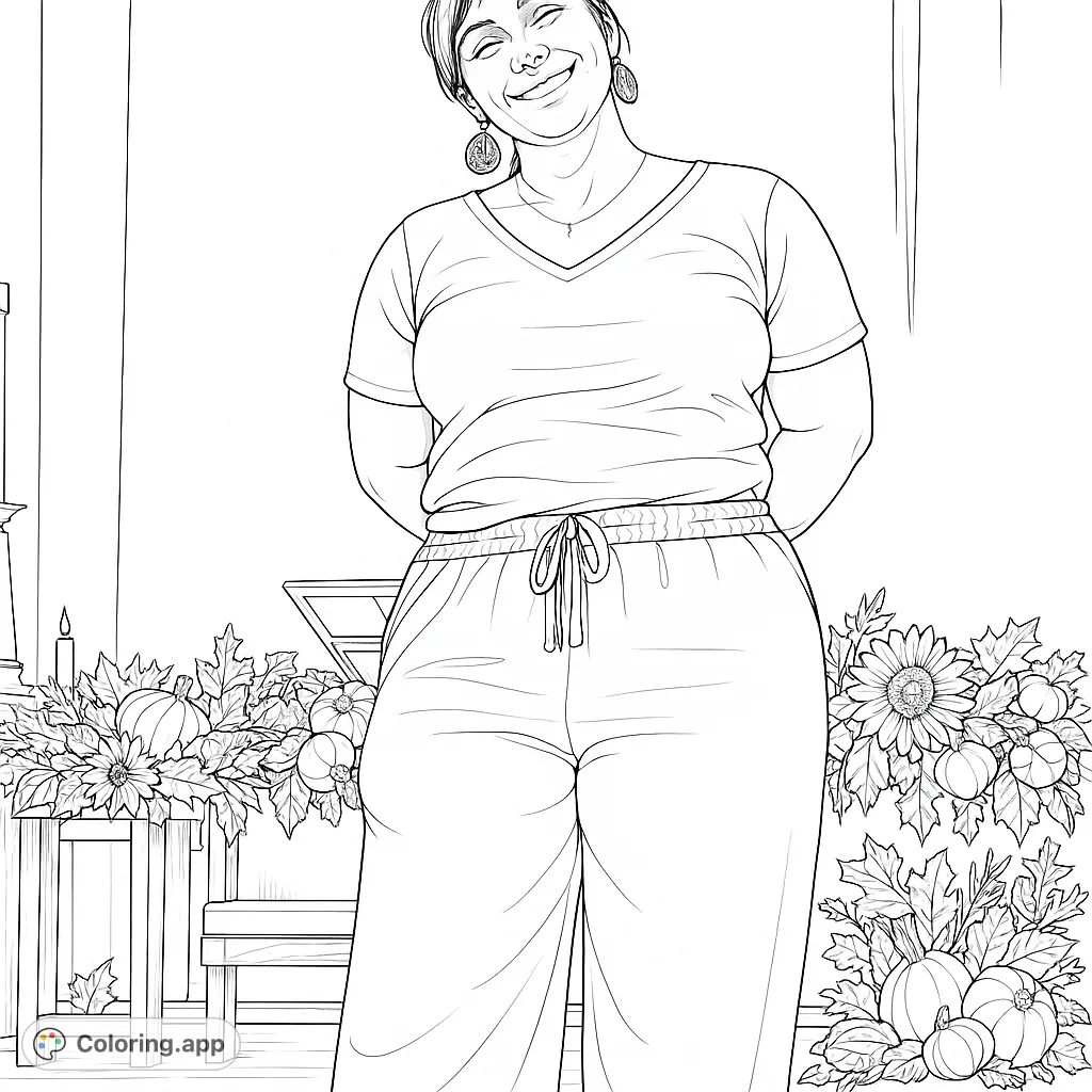 A joyful woman stands amidst a festive autumn garland with pumpkins, sunflowers, and leaves. A detailed seasonal design for creative coloring.