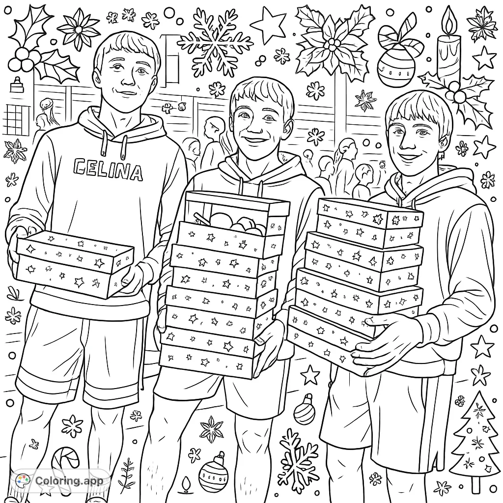 Three smiling youth hold stacks of patterned gift boxes in a hall, ready for a festive distribution event. A detailed, engaging coloring page.