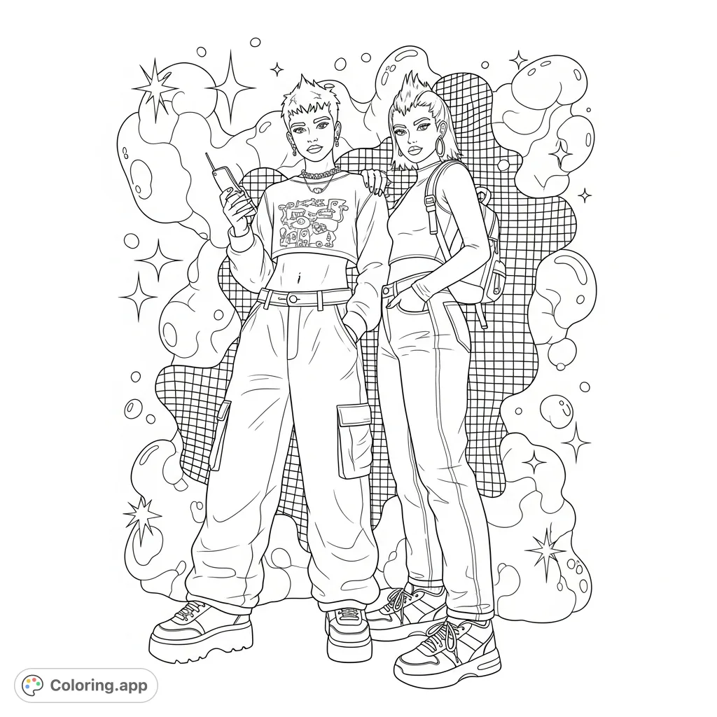 A fun Y2K couple coloring page featuring a duo in iconic early 2000s fashion. Perfect for nostalgia and creative expression. Download this free printable coloring page.