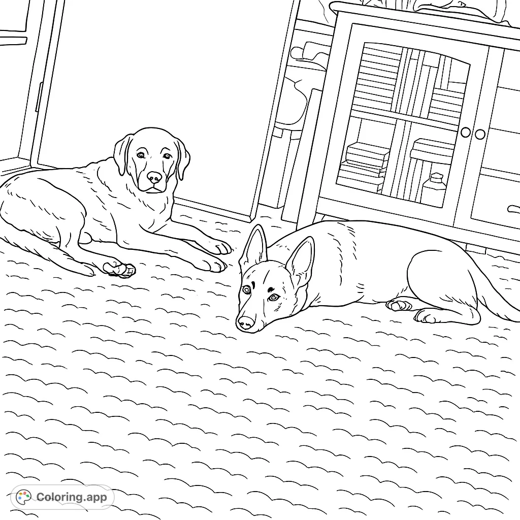 A heartwarming scene of two loyal dogs resting peacefully on a carpeted floor, surrounded by everyday home elements. Perfect for dog lovers!