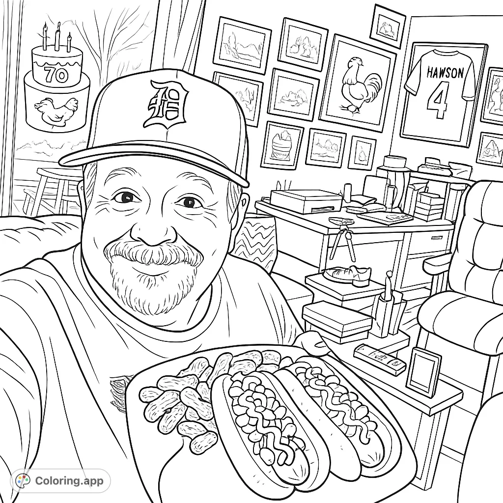 A man in a baseball cap smiles, holding a plate of two hot dogs with toppings and peanuts, surrounded by a cozy, decorated room. Fun details for coloring.