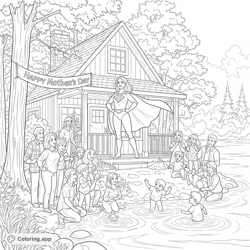Celebrate Mom as a superhero at a lakeside cottage with her loving family. A heartwarming Mother's Day scene perfect for honoring extraordinary mothers.