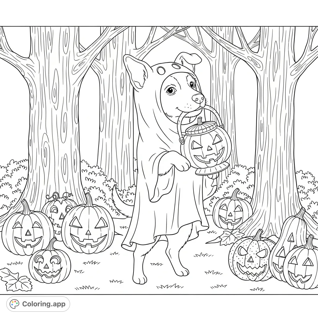 A delightful Halloween dog coloring page featuring a playful dog in a ghost costume, clutching a pumpkin sweet jar amidst a spooky woodland and festive pumpkins.
