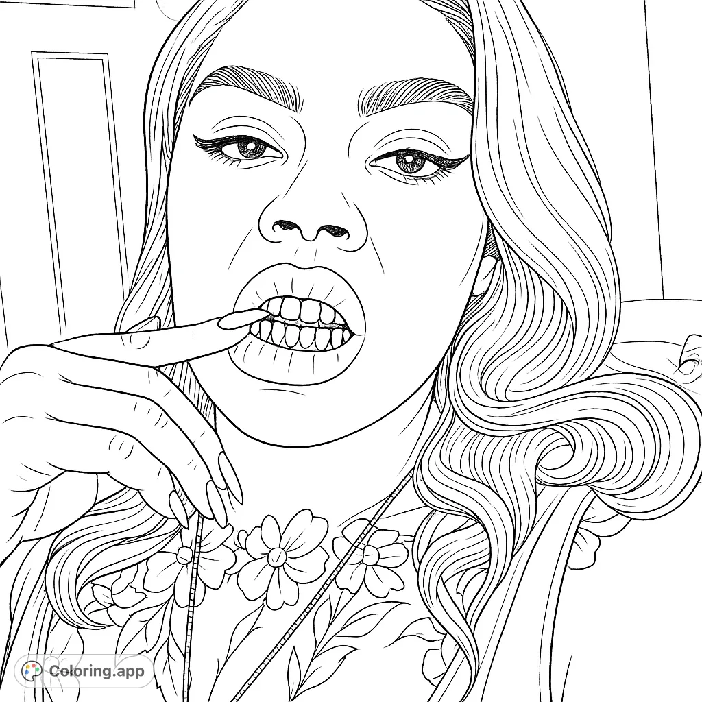 A striking portrait featuring a person with a captivating floral chest tattoo, unique dental caps, and flowing hair. Express yourself with this distinctive design.