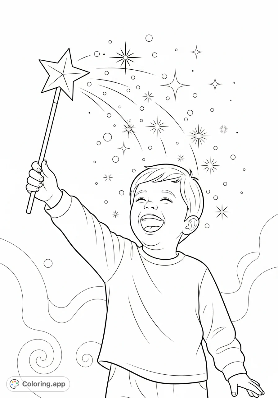 Joyful Child with Magic Wand - Coloring.app
