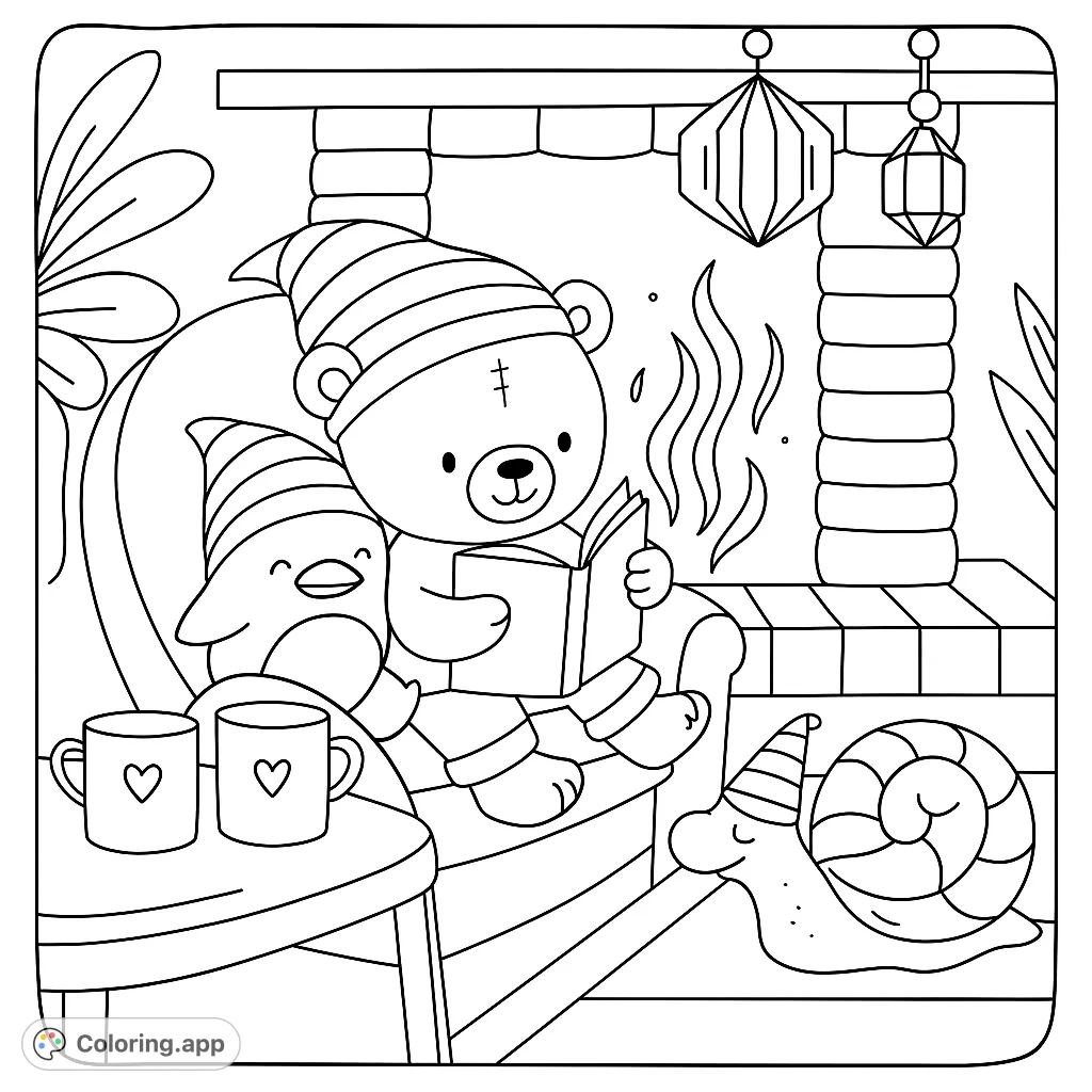Adorable teddy bear, penguin, and snail enjoy a story by a warm fireplace with hot drinks. A charming scene for comfort and imagination.