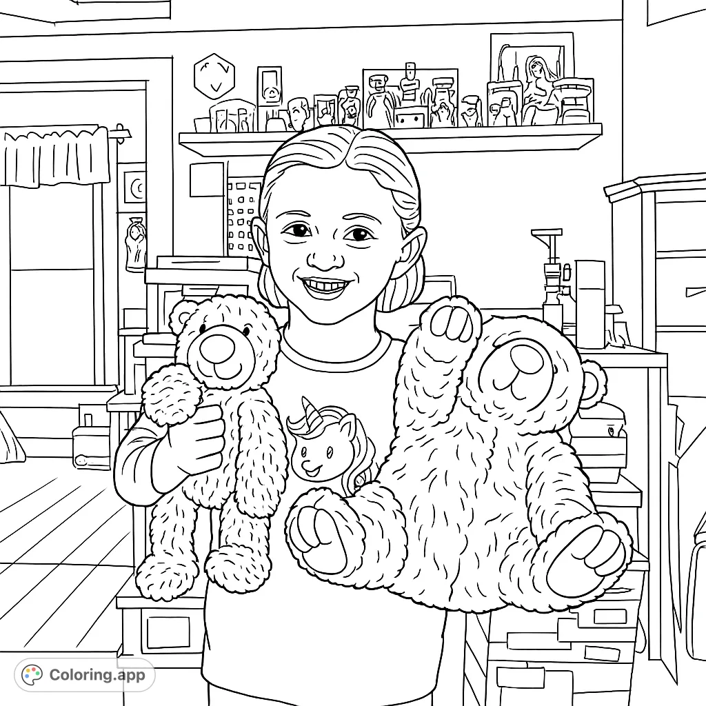 A cheerful girl with two adorable, fluffy teddy bears, perfect for bringing to life with your favorite colors. A heartwarming scene of childhood joy.