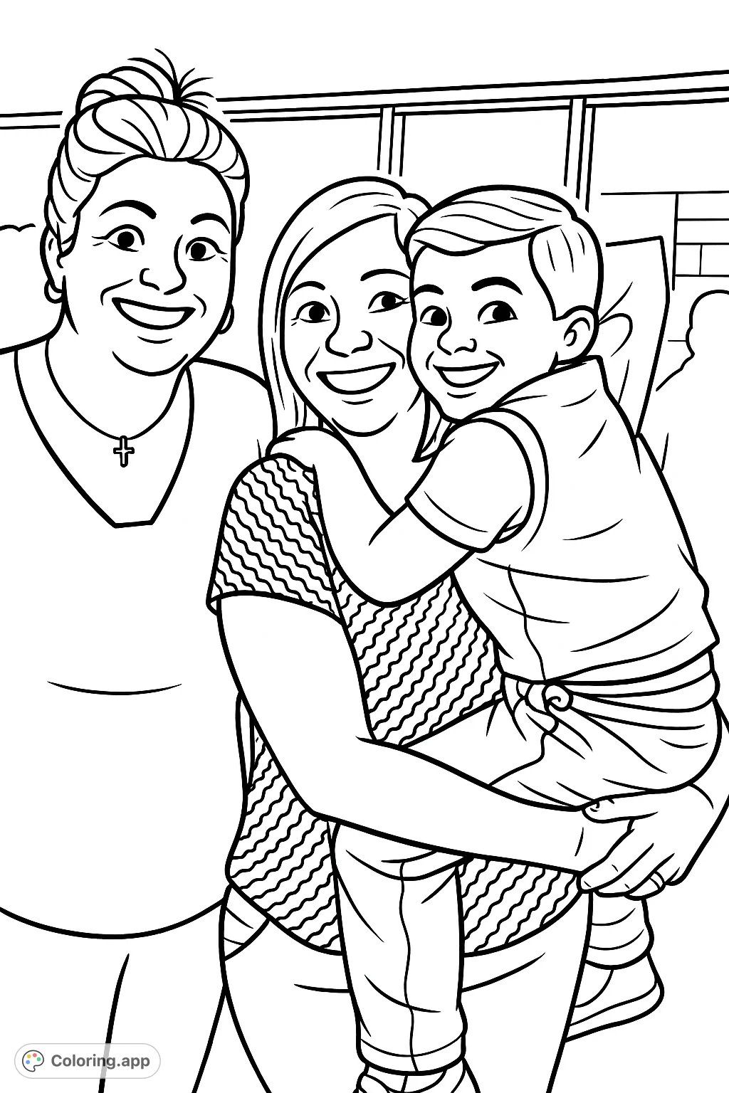 Capture a heartwarming moment of a happy family embrace with this cartoony style coloring page. Three smiling individuals share a joyful memory.