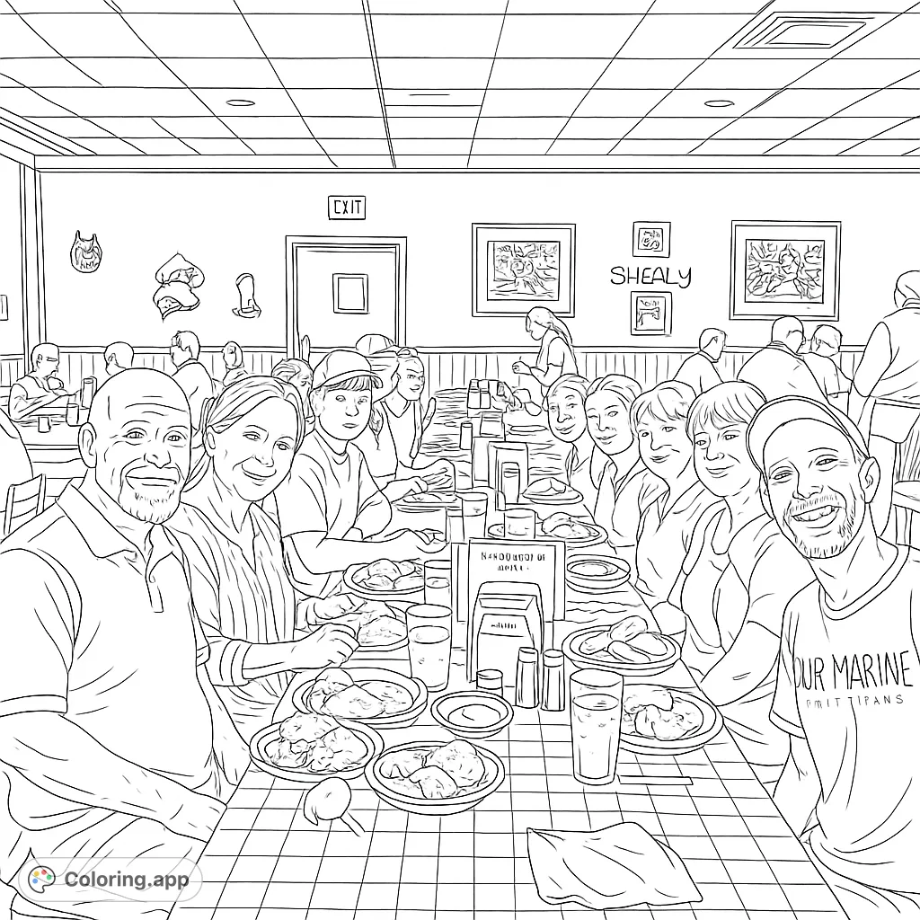 A heartwarming scene of a multi-generational family enjoying a large meal together at a restaurant. Plates of food and cheerful faces fill the long table.