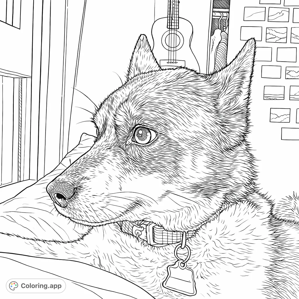 Capture the alert gaze of a curious canine looking out a window. This detailed dog coloring page features intricate fur patterns, a collar, and a cozy indoor setting.