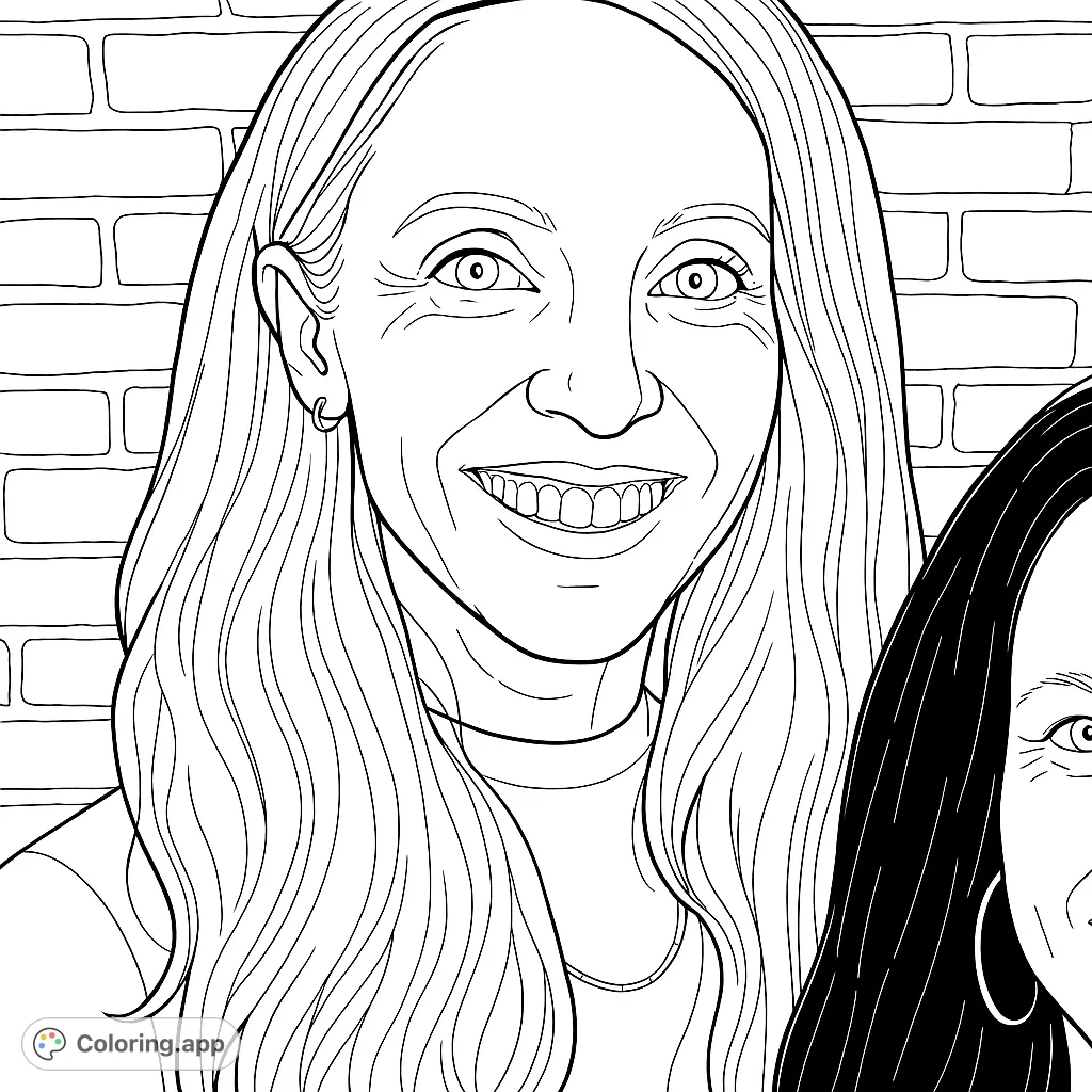 A beautiful, joyful woman with long, flowing hair smiles warmly, set against a textured brick wall. A captivating portrait perfect for coloring.