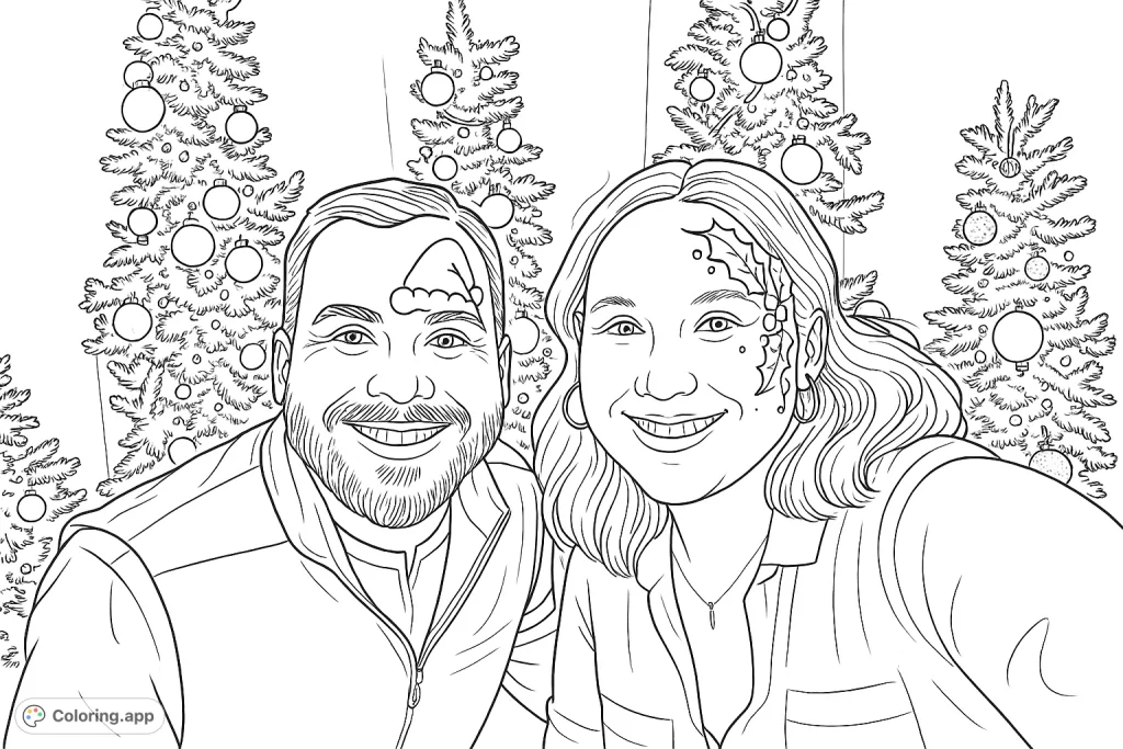 Capture festive joy! A cheerful couple with holiday face paint, framed by twinkling trees and classic ornaments. A delightful coloring page for seasonal cheer and creative expression.