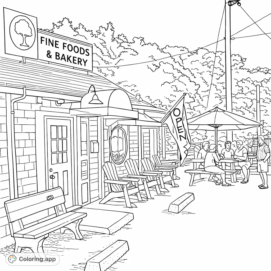 Explore a charming bakery cafe with inviting outdoor seating, picnic tables, and a friendly atmosphere under a sunny sky.