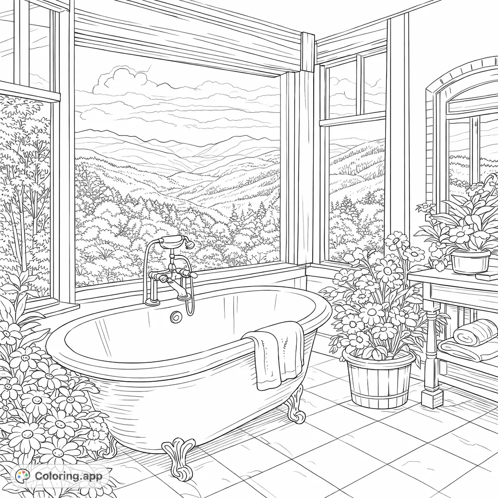 Immerse yourself in a serene bathroom oasis with a luxurious clawfoot tub, surrounded by lush plants, offering a breathtaking mountain and forest vista.
