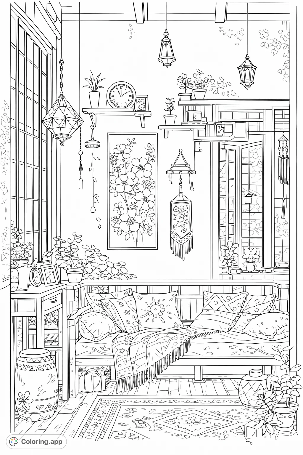Explore a charming bohemian living space with intricate patterns, lush plants, and a cozy bench, offering a detailed and relaxing coloring experience.
