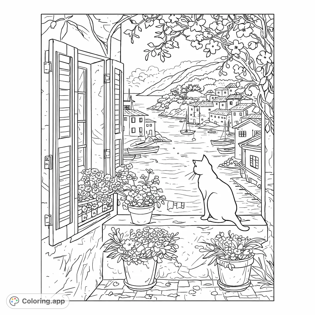 A serene cat gazes over a charming coastal village with boats dotting the water, framed by a window with flowerpots and lush foliage. A peaceful escape awaiting your creative touch.