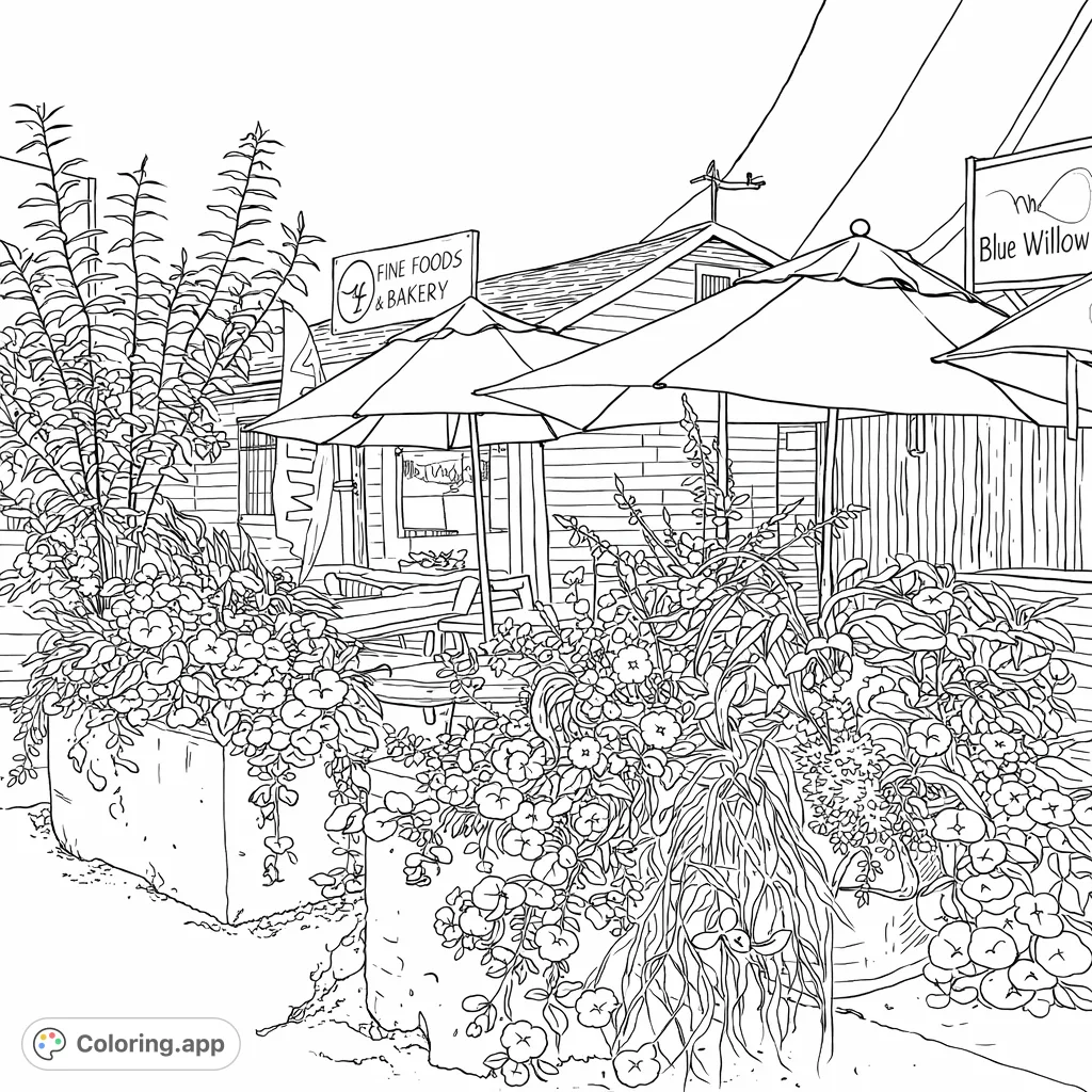 Step into a charming bakery cafe scene with inviting outdoor seating, abundant flowering planters, and detailed architectural elements. A delightful view awaits your creative touch.
