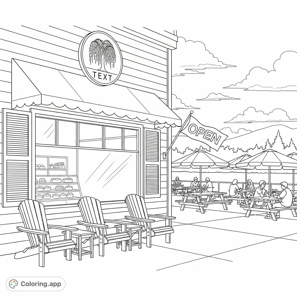Immerse yourself in a delightful bakery storefront coloring page featuring a cozy facade, inviting Adirondack chairs, and a lively outdoor patio with guests.