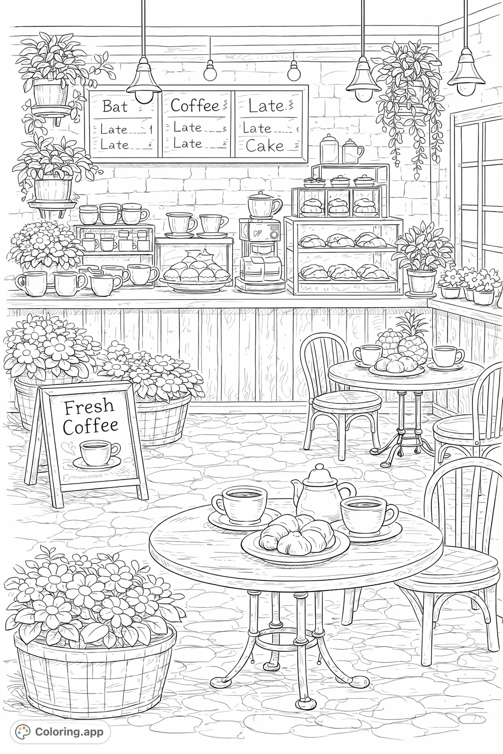 Step into a cozy cafe. This detailed coloring page features a counter laden with pastries, chalkboard menus, inviting tables, and abundant floral decor.
