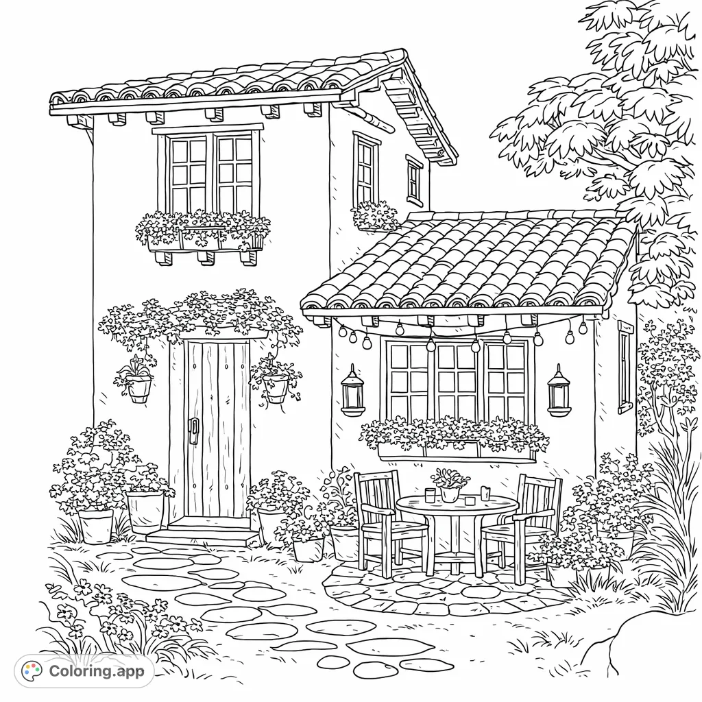 Discover a detailed Mediterranean house with a tiled roof, lush garden, inviting patio, and whimsical string lights, perfect for intricate coloring.