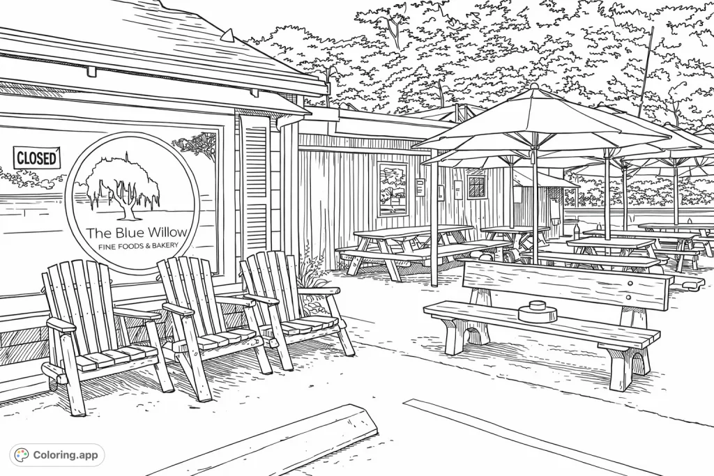 Discover a charming outdoor cafe scene with a storefront, Adirondack chairs, picnic tables, and large umbrellas. Perfect for detailed coloring enjoyment!