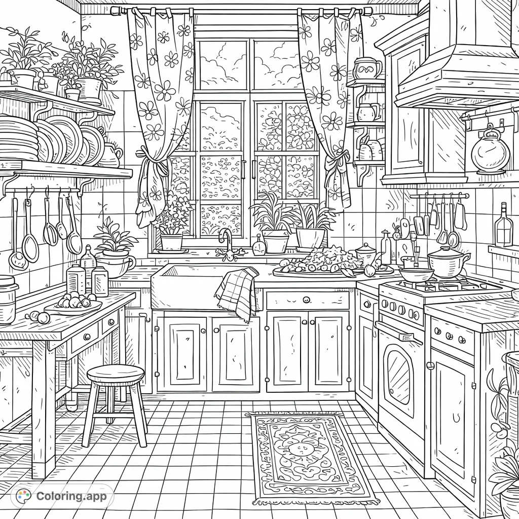 Step into a charming rustic kitchen scene with a window view of a lush garden, complete with detailed cabinets, fresh produce, and cozy elements.