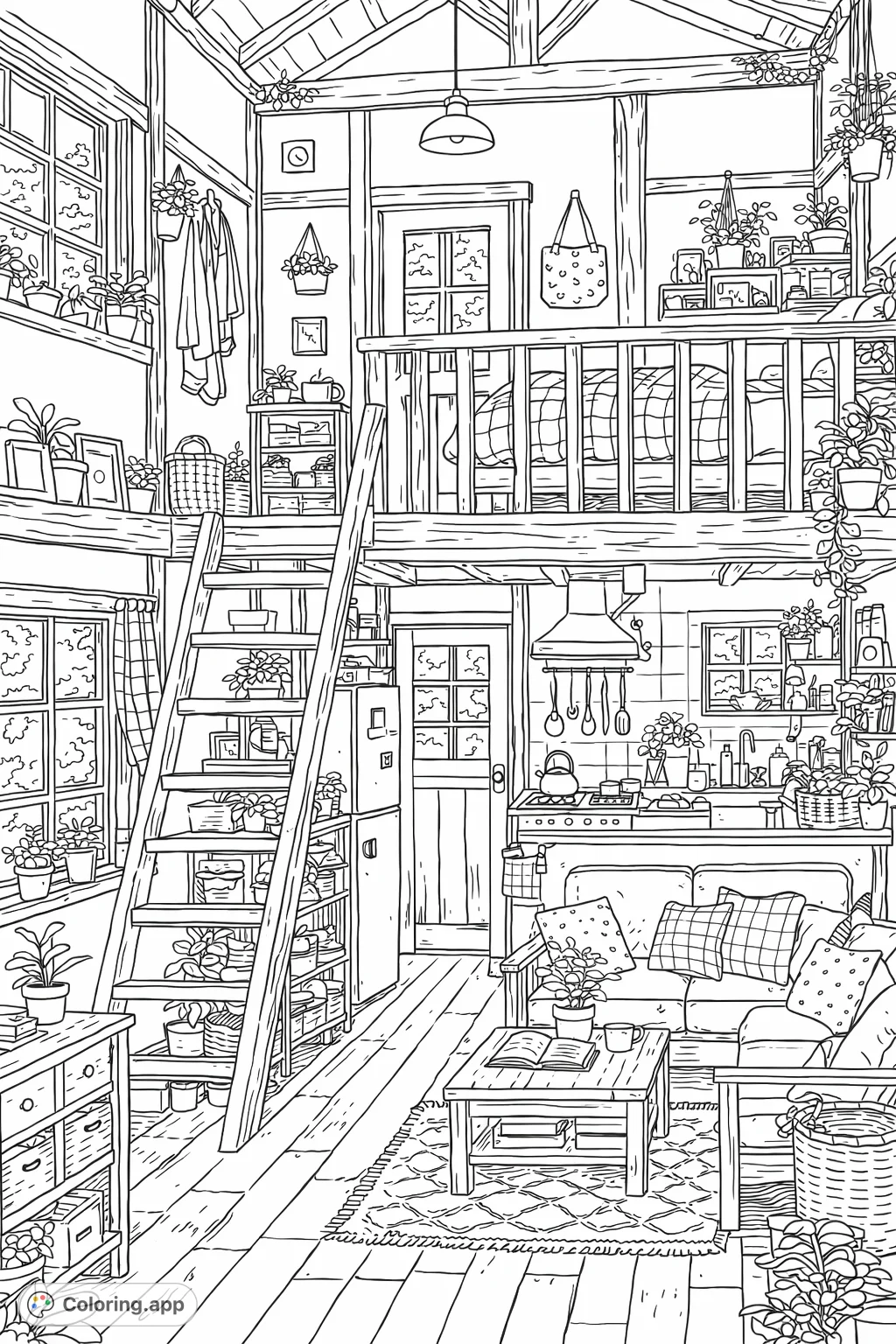Explore a charming, rustic multi-level interior, featuring a cozy loft bed, inviting living space, and abundant plants bathed in light. A delightful scene to personalize.