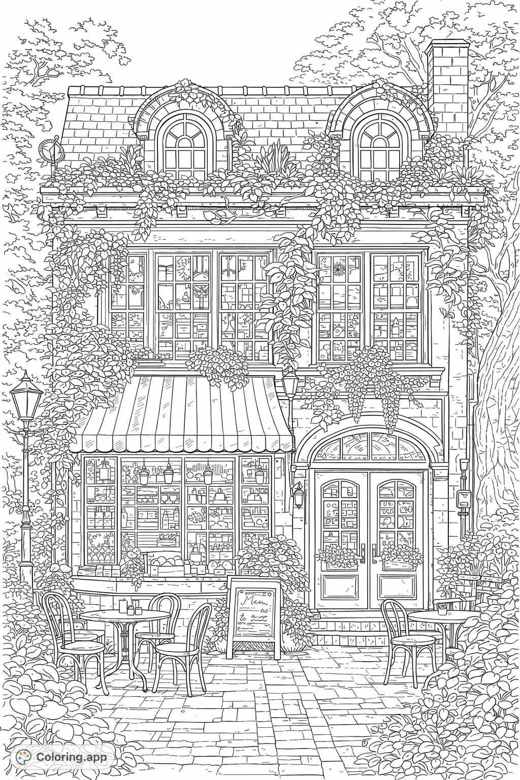Discover a whimsical, vine-covered shopfront with inviting windows and a cozy outdoor cafe. Perfect for a relaxing coloring escape into a charming street scene.