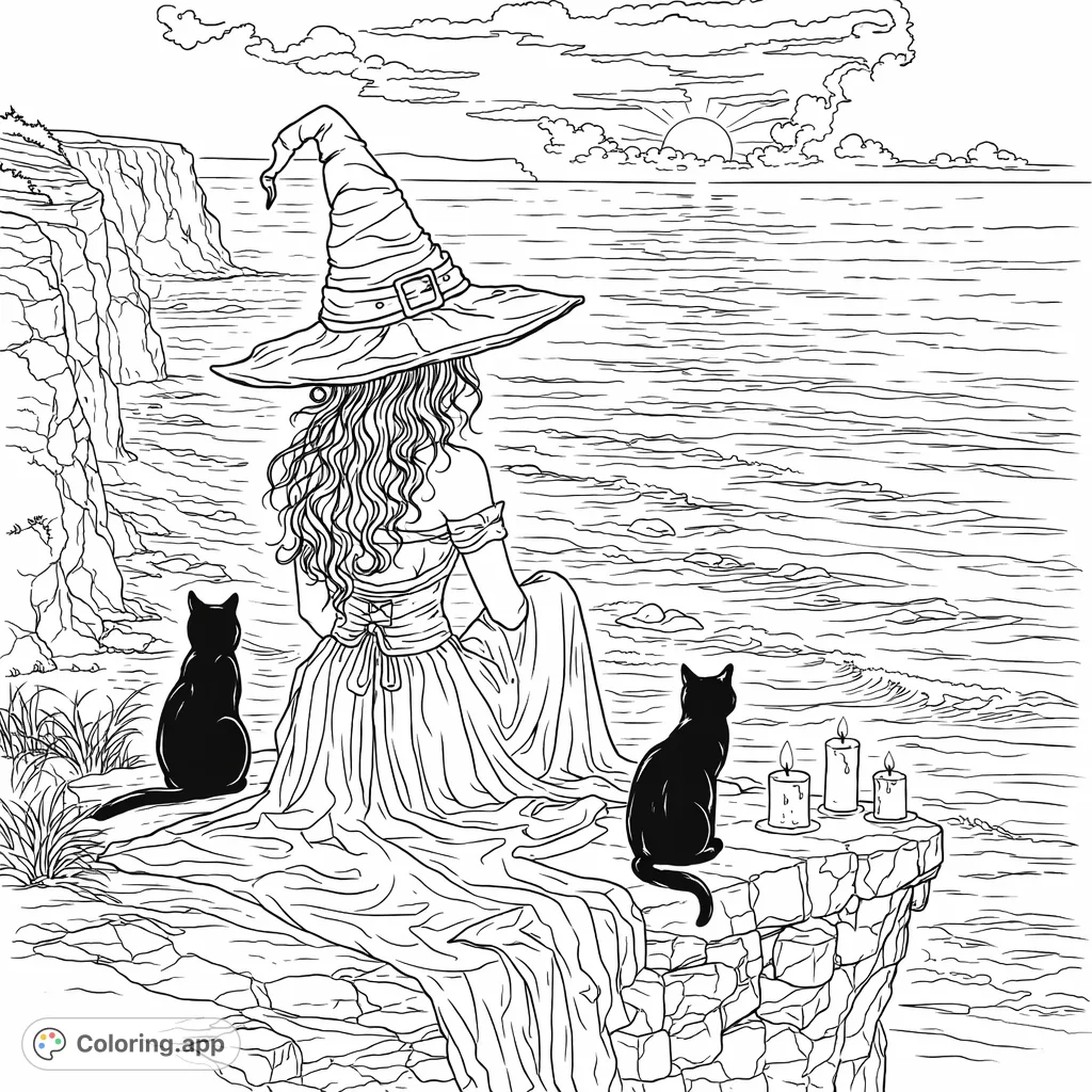 A mysterious enchantress and her two feline companions gaze upon a vast ocean from a rugged cliff, illuminated by the setting sun and flickering candles.