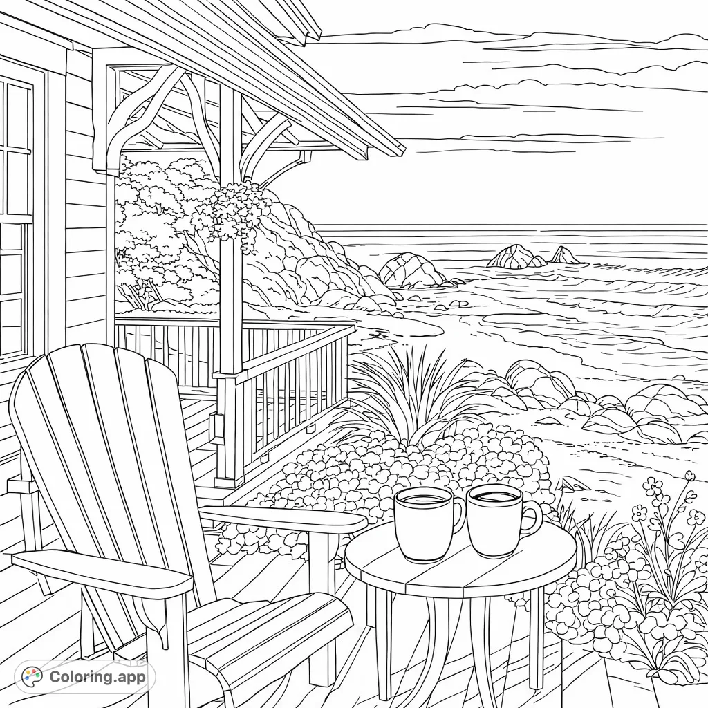 Immerse yourself in a serene coastal escape. This detailed coloring page features a cozy porch, an Adirondack chair, and a tranquil ocean vista with rocky shores.