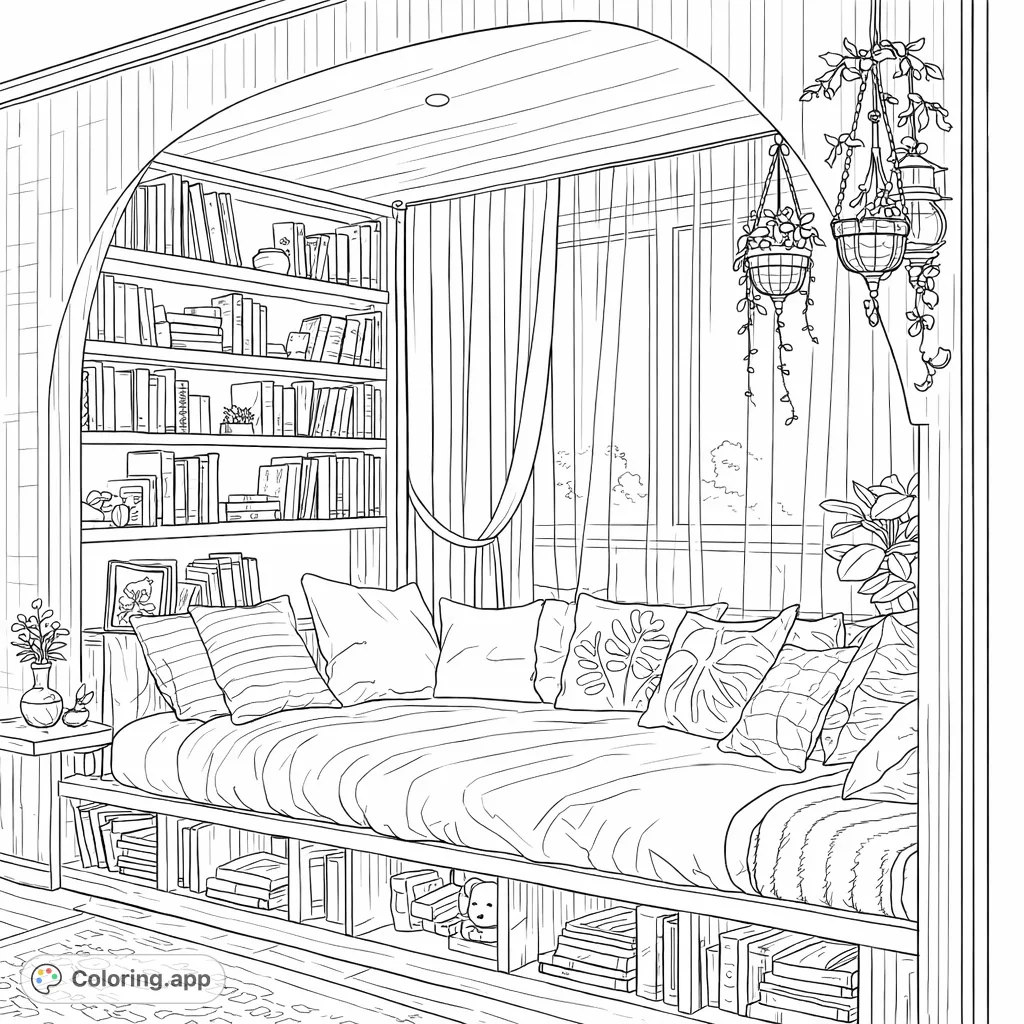 Discover a serene reading nook with a built-in bed, abundant books, and charming botanical accents, framed by a beautiful archway. Perfect for relaxation.