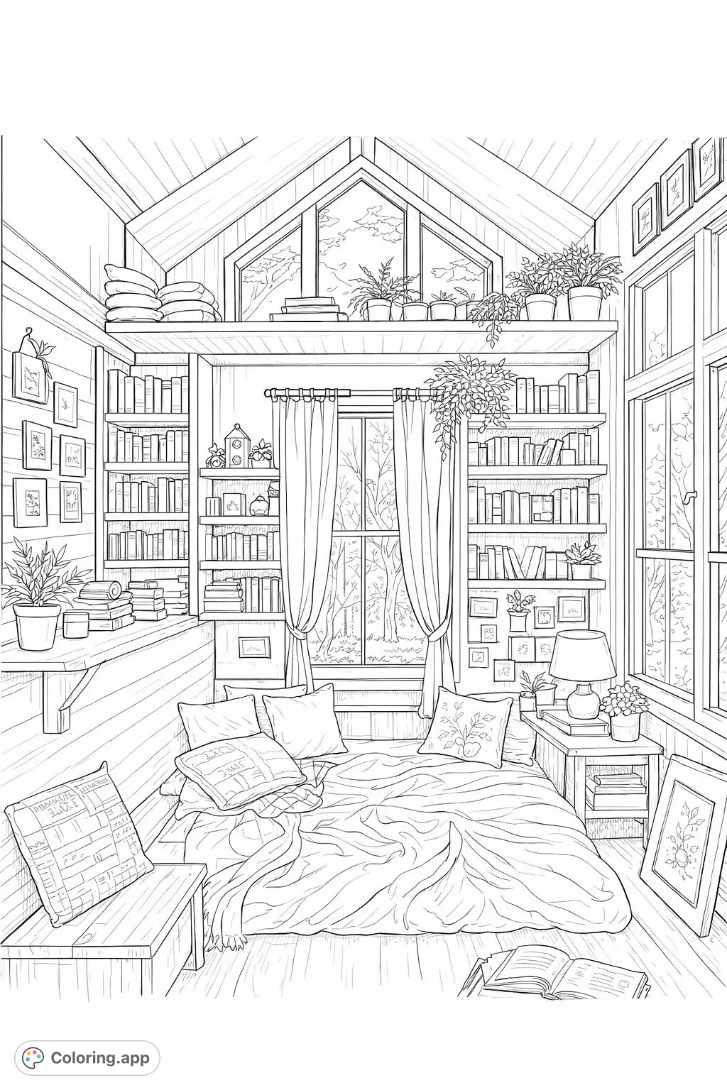 Discover a charming attic reading nook with a comfortable floor bed, abundant books, and large windows. A peaceful, detailed retreat awaits your creative touch.