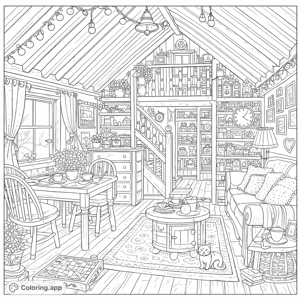 Explore a charming, detailed attic retreat filled with books, plants, and cozy furniture. Perfect for hours of relaxing, intricate coloring fun.