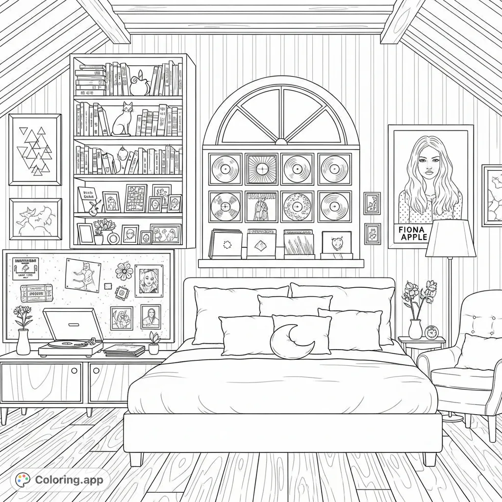 Explore a detailed attic room with an arched window, plush bed, bookshelf, record player, and unique wall decor, perfect for relaxation and creativity.