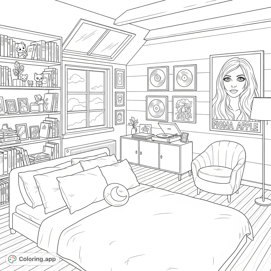 Explore a detailed attic interior featuring a plush bed, a bookshelf filled with treasures, a record player, and a Fiona Apple poster. A charming, free printable coloring page.