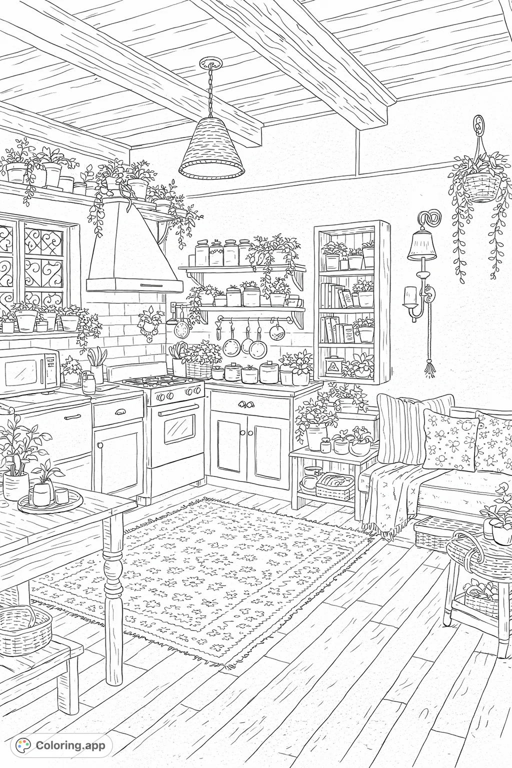 Explore a charming kitchen bursting with greenery, rustic decor, and intricate details. This botanical kitchen haven offers a delightful and immersive coloring experience.