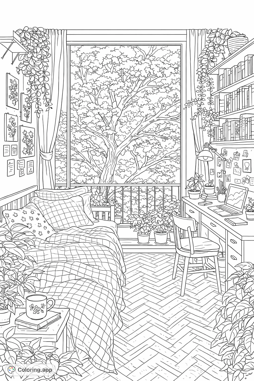 Immerse yourself in a serene nature-inspired room. A cozy bed, sunlit desk with a laptop, abundant plants, and a window view of a grand tree await your creative touch.