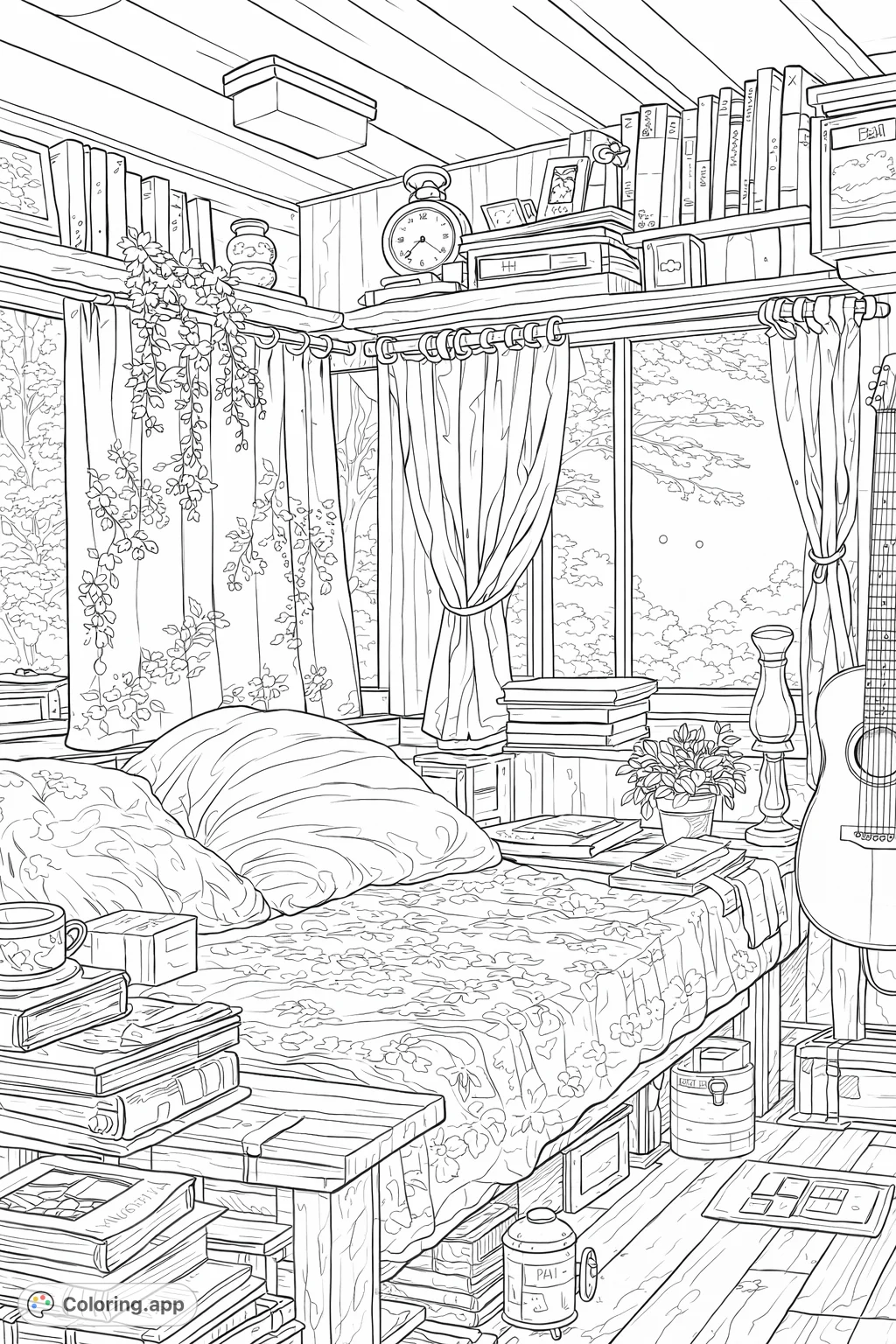 Escape into a tranquil cabin bedroom coloring page, featuring a comfy bed, piles of books, musical instruments, and a serene night view.