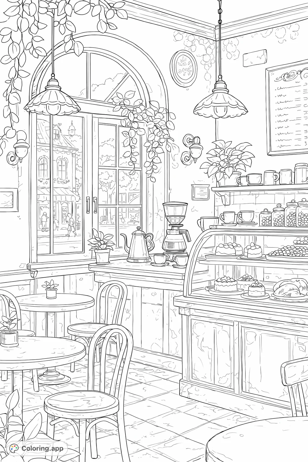 Escape to a charming cafe scene with intricate details, from delicious pastries in a display case to a bustling street view through an arched window.