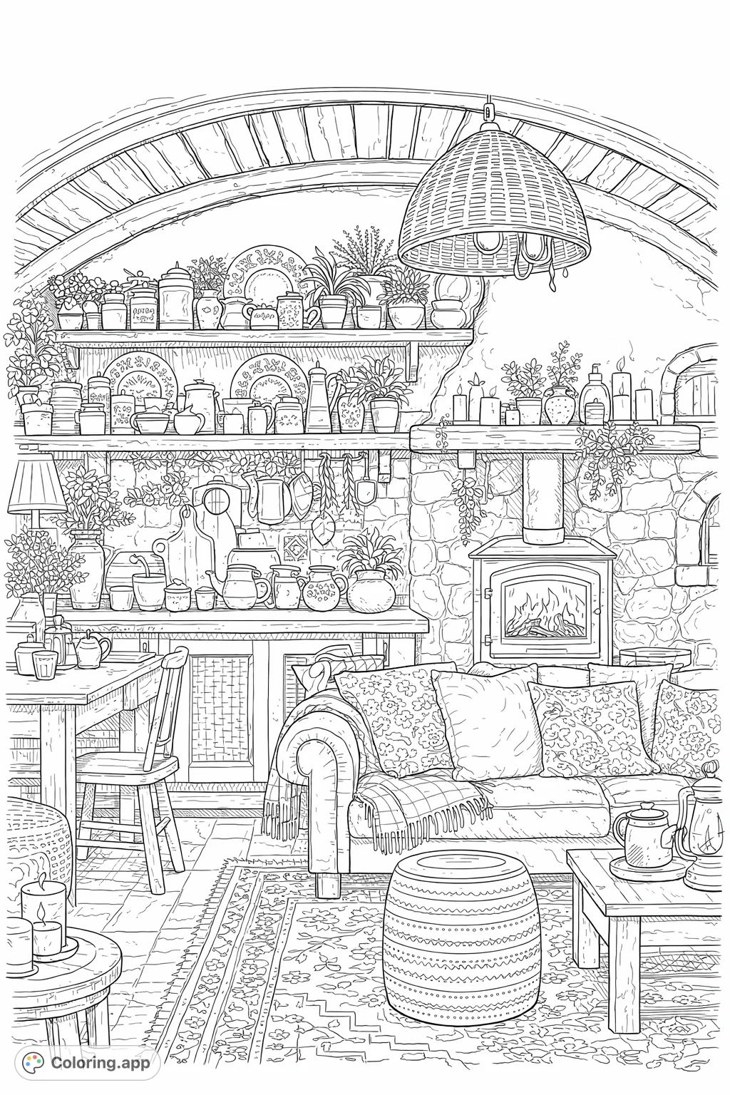 An intricately detailed cozy cottage interior featuring a comfortable sofa, fireplace, shelves filled with charming decor, and rustic furnishings. Perfect for relaxation.