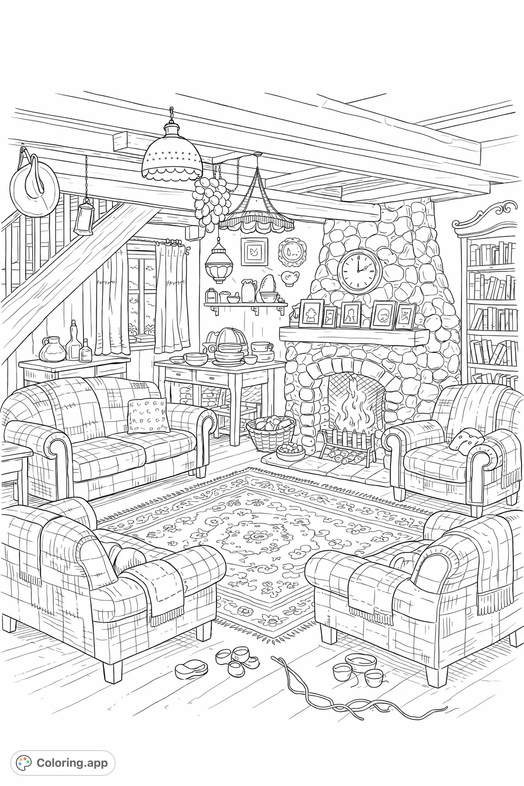Escape to a detailed, cozy living room scene with a stone fireplace, patchwork furniture, and abundant rustic charm, perfect for hours of relaxing coloring.
