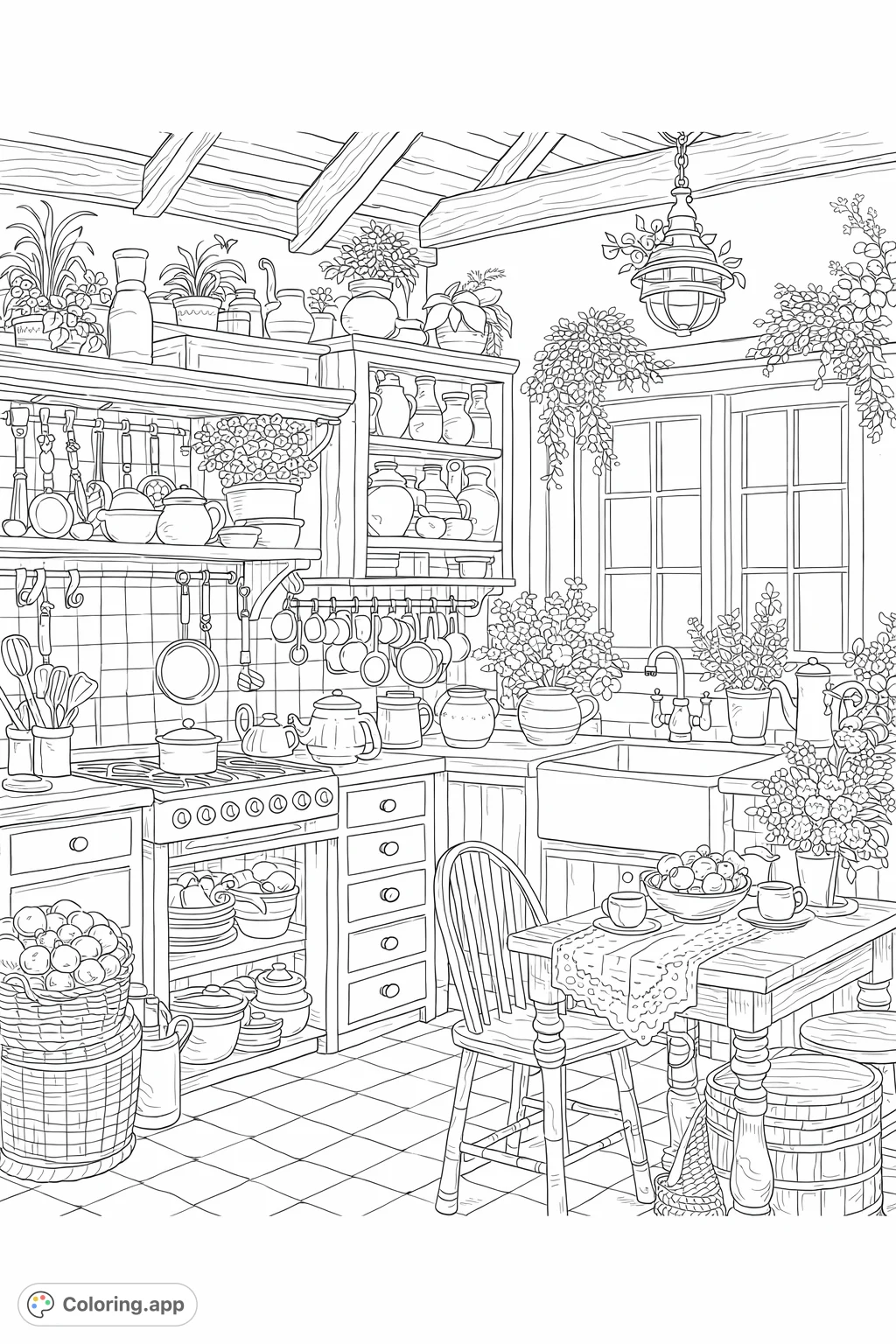 Explore a charming, highly detailed rustic kitchen. This inviting scene features a stove, sink, abundance of kitchenware, plants, and a fruit-filled table.