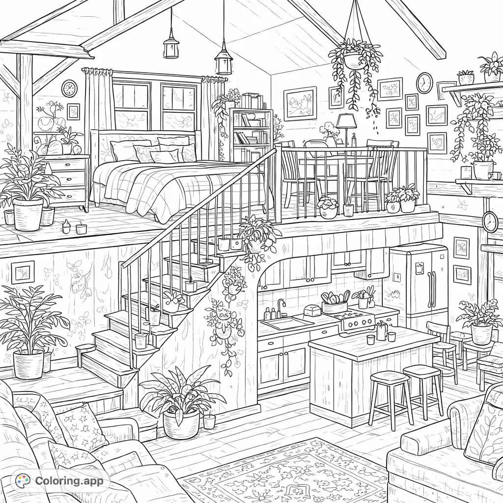 Explore a charming multi-level home with a cozy loft bedroom, a functional kitchen, and abundant plants. A delightful interior design coloring page.