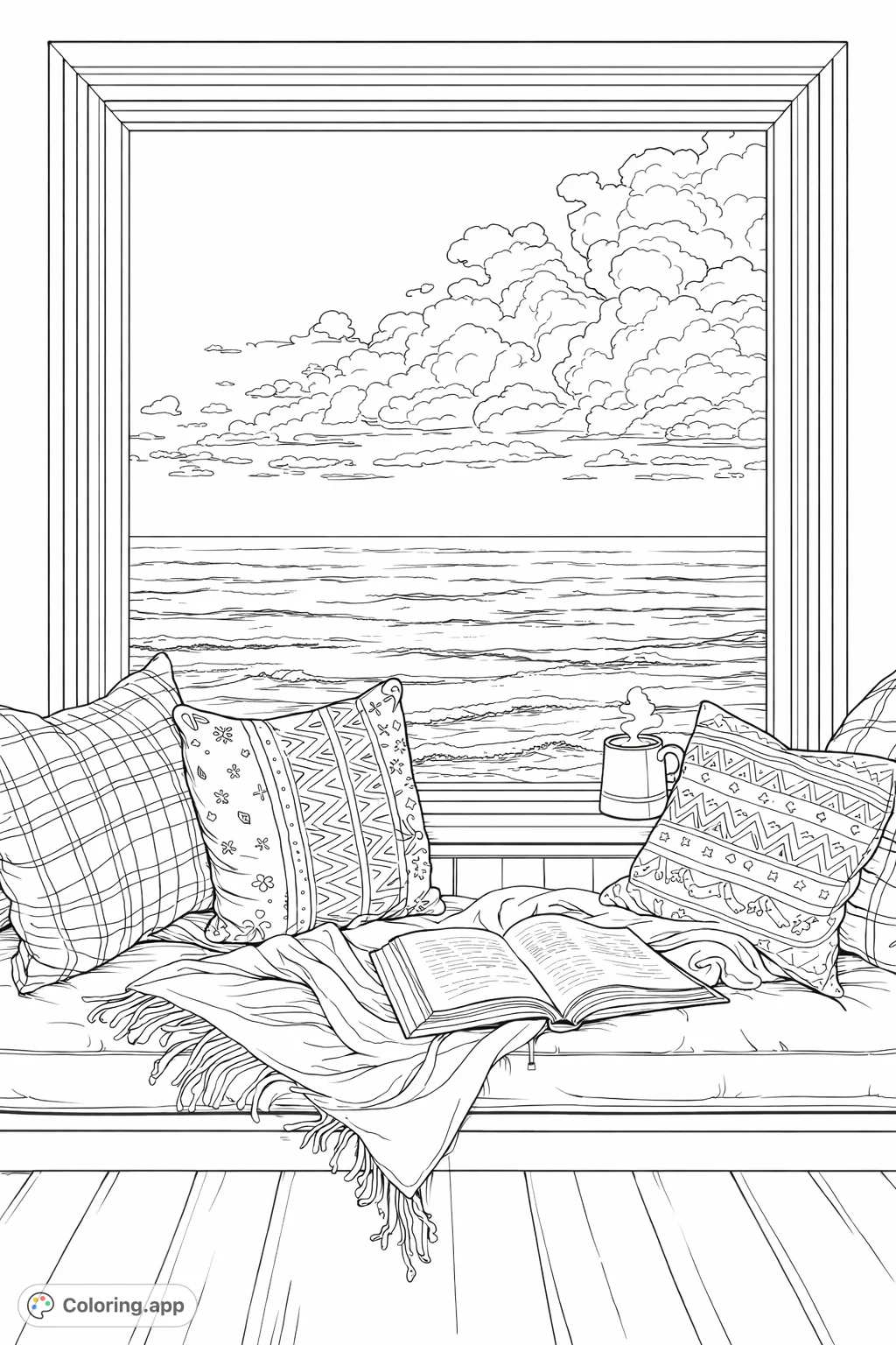 Relax with this cozy window seat coloring page, featuring an ocean view, patterned pillows, a warm blanket, and a good book. Perfect for quiet moments.