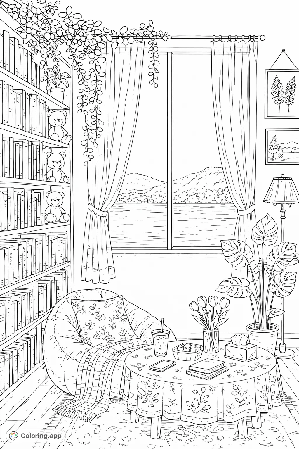 Discover a tranquil room with a bookshelf, comfy chair, and a table filled with treats, all overlooking a serene lake and mountains. A perfect cozy retreat.