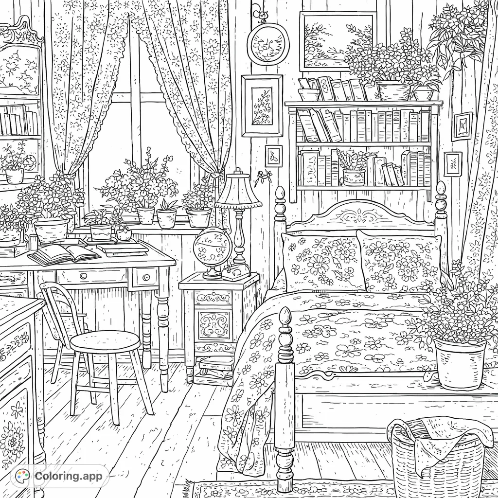 Escape into a charming, detailed cottagecore bedroom featuring a floral bed, rustic furniture, abundant books, and delightful potted plants.