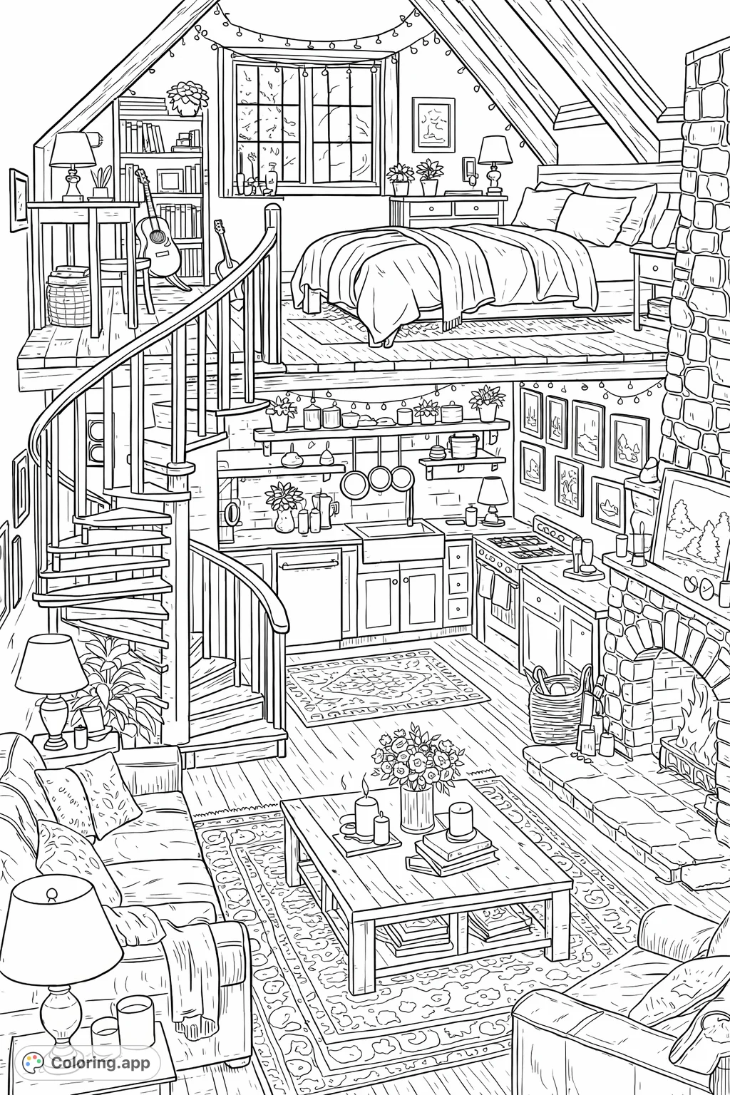 Explore a detailed, multi-level cabin interior featuring a spiral staircase, cozy living area, kitchenette, and loft bedroom with a fireplace.