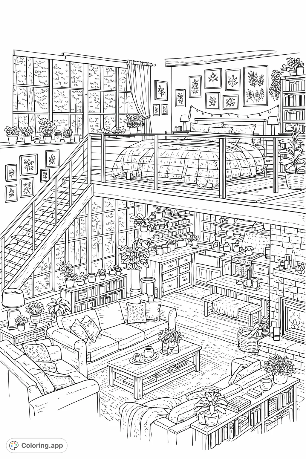 Explore a charming multi-level home with a cozy loft bedroom, a welcoming living area, and a rustic kitchen, all surrounded by abundant greenery and large windows.