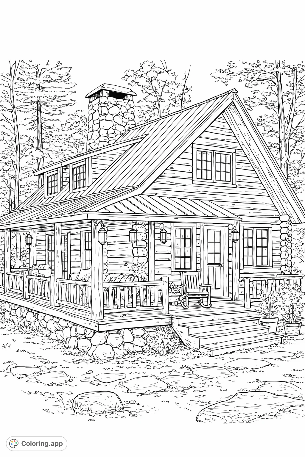 Explore a charming rustic log cabin nestled in an inviting woodland setting, featuring a stone chimney, wrap-around porch, and abundant natural details.